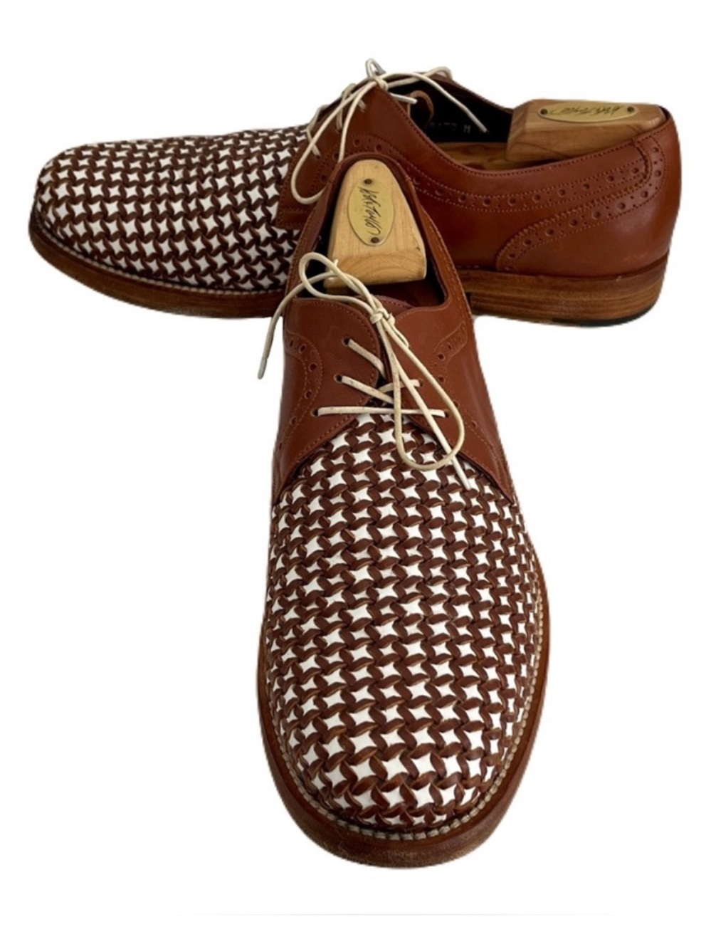 Salvatore Ferragamo Brown and White Woven Leather ‘Bario’ Oxfords, Size 9.5 D